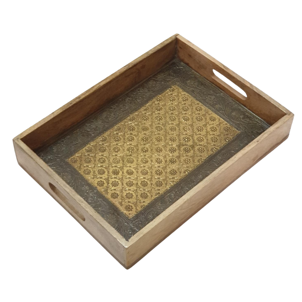 Antique Floral Brass Wooden Tray